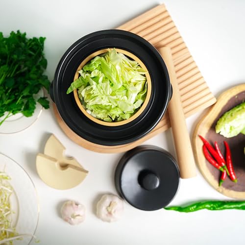 Fermentation Crock 3.8Liter/1 Gallon Stoneware Pot for Fermenting, Pickling Kimchi, Pickles, Vegetables, Kombucha - Glazed Fermenter with Stone Weights, Lid & Pickle Tamper-Black Crock - color: Black