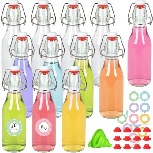 NEWMIAO 12 Pack 8 oz Swing Top Glass Bottles, 250 ml Glass Beer Bottles with Airtight Flip Lids Rubber Seal for Vanilla Extract, Home Brewing, 2nd Fermentation, Kombucha, Juice, Soda, Limoncello