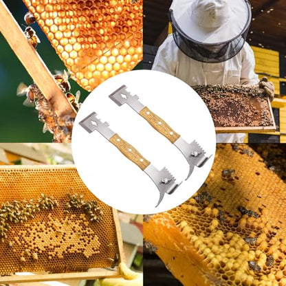Fasmov 2 Pack Multipurpose Steel Hive Tools with Wooden Handle, 7 in 1 Beekeeping Equipment Bee Hive Hand Tool Beekeeper Tool, Beekeeping Hive Scraper Tool Professional Beekeeping Equipment
