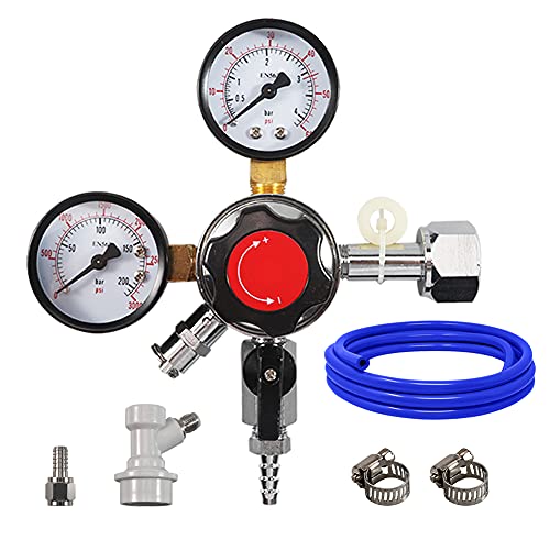PERA CO2 CGA-320 Keg Regulator Regulator with Gas Line,Pressure Adjustment Knob with Safety Manual Pressure Relief Valve with a gas quick disconnect and a 5/16'' swivel nut, 2pcs hose clamps;