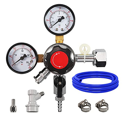 PERA CO2 CGA-320 Keg Regulator Regulator with Gas Line,Pressure Adjustment Knob with Safety Manual Pressure Relief Valve with a gas quick disconnect and a 5/16'' swivel nut, 2pcs hose clamps;