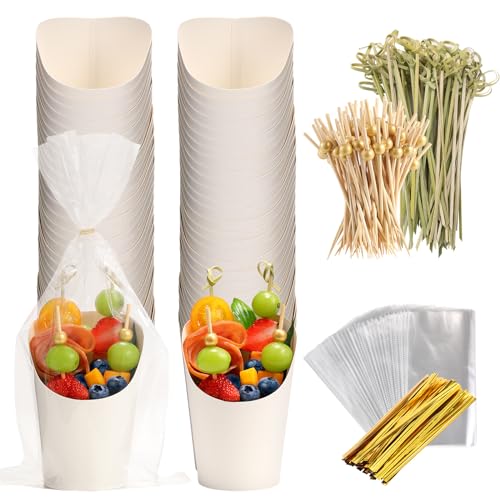 Disposable Charcuterie Cups 120 PCS with 200PCS Sticks and 120PCS Bags | 14 oz Kraft Paper Snack Boxes Appetizers Cup French Fry Holder with Cocktail Skewers Toothpicks Tooth Picks, White - color: White, size: 14 Oz 120 Pcs Set