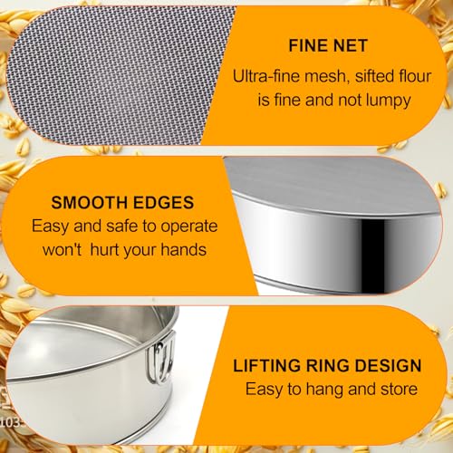 2 Pcs Round Flour Sieve Stainless Steel Round Flour Sifter 8 Inch and 6 Inch 60 Mesh Fine Mesh Flouring Sieve for Baking Cake Bread