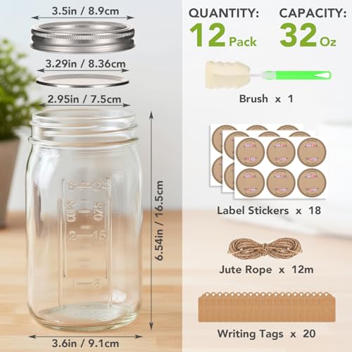 32 oz Wide Mouth Mason Jars with Airtight Lids and Bands, 12 Pack Quart Glass Canning Jars for Pickling, Meal Prep, Overnight Oats, Storage & DIY Crafts