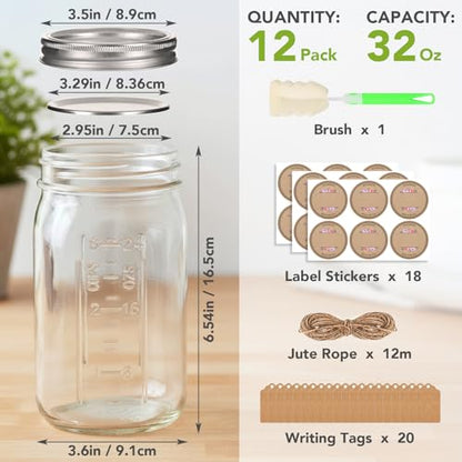 32 oz Wide Mouth Mason Jars with Airtight Lids and Bands, 12 Pack Quart Glass Canning Jars for Pickling, Meal Prep, Overnight Oats, Storage & DIY Crafts