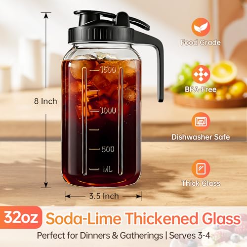 32oz Glass Pitcher with Lid & Spout – 1 Quart Mason Jars, Airtight & Leakproof Breastmilk Pitcher for Cold Brew Coffee, Sun Tea, Water, Juice – Wide Mouth, Fridge Safe - color: Black, size: 32 Ounces