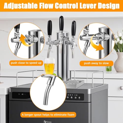 3 Tap Beer Tower Adjustable Flow Control Beer Faucet Three Tap Beer Tower Stainless 3” Triple Tap Beer Tower Dispenser Kegerator Tower Kit with Pre-Assembled Tubing and Self-Closing Springs