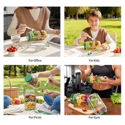 Salad Jar with Side Opening, Mason Jar Pod Lunch Container for Meal Prep, Leakproof Airtight Salad Shaker with Dressing Container, BPA Free & Dishwasher Safe for Office & Travel