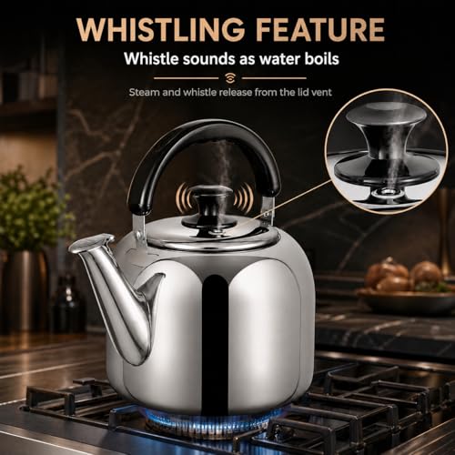 Whistling Stovetop Tea Kettle,Food Grade 316 Stainless Steel,Hot Water Fast to Boil,Stovetop Kettle with Ergonomic Handle,4.2 Quart Capacity