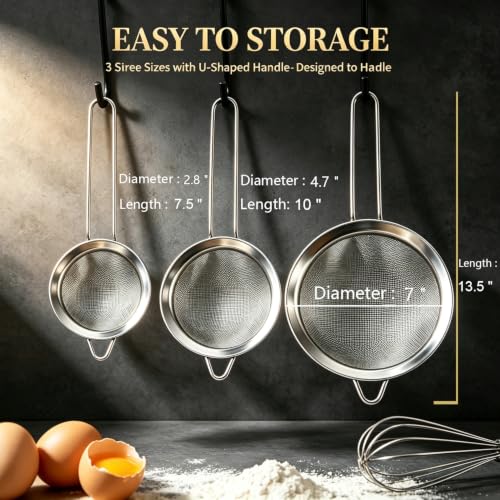 Fine Mesh Strainer Set of 3 - Stainless Steel Sieve with Handles for Kitchen, Multipurpose Metal Wire Strainers for Flour, Rice, Quinoa, Pasta, Tea, Noodles & Food (2.8", 4.7", 7")