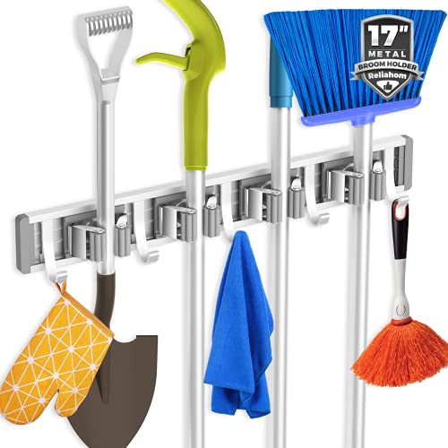 reliahom Broom Holder Wall Mount Mop Hanger Tools organizer 4Racks 5Hooks | Adjustable Mop Broom Wall Hanging Heavy duty Tools Storage Rack Space-saving for Garage,Kitchen,Laundry Room,Garden, Silver - color: Silver, size: 1 Pack 4R5H