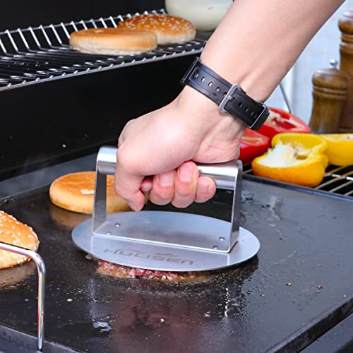 HULISEN Stainless Steel Burger Press, 6.2 inch Round Burger Smasher, Professional Griddle Accessories Kit, Grill Press Perfect for Flat Top Griddle Grill Cooking - size: 6.2 inch