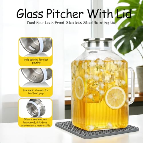 1 Gallon Glass Pitcher with Lid, Square Borosilicate Glass Carafe | Glass Water Pitcher with Handle and Spout for Fridge, Large Jug with Mat for cold & Hot Drinks, Home & Party, Dishwasher Safe