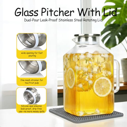 1 Gallon Glass Pitcher with Lid, Square Borosilicate Glass Carafe | Glass Water Pitcher with Handle and Spout for Fridge, Large Jug with Mat for cold & Hot Drinks, Home & Party, Dishwasher Safe