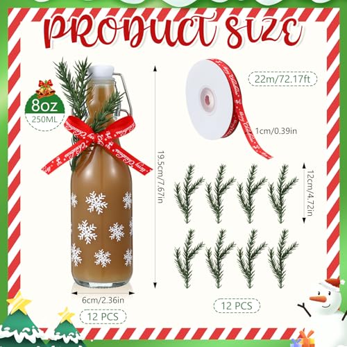 Sieral 12 Pack Christmas Snowflake Swing Top Glass Bottle 8oz Clear Flip Top Beer Brewing Bottles with Ribbon and Artificial Branches for Liquids Wine Xmas Gifts - style: Snowflake