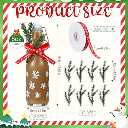 Sieral 12 Pack Christmas Snowflake Swing Top Glass Bottle 8oz Clear Flip Top Beer Brewing Bottles with Ribbon and Artificial Branches for Liquids Wine Xmas Gifts - style: Snowflake