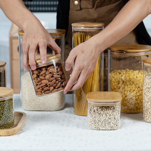 D2scrma 22oz Airtight Square Spice Containers with Bamboo Lid Set of 6 (650ml) Kitchen Pantry Organization Jar Stackable Spice Jar, for Sugar, Tea, Cookies and Coffee beans (‎with Black Lable) - size: 22oz*6