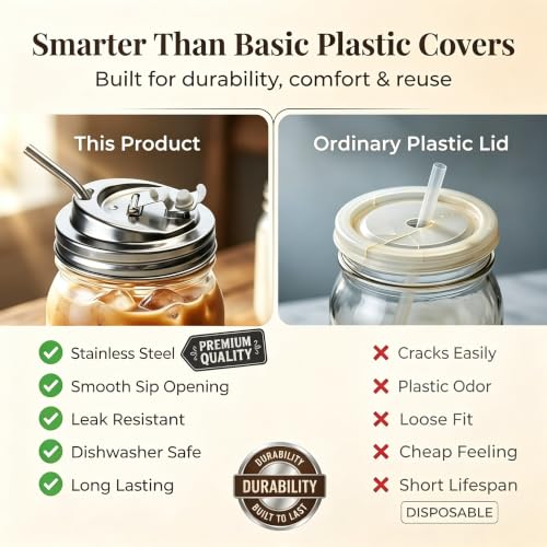 Metal Shaker Lids for Mason Jars, Reusable Stainless Steel Sip Lid for Wide Mouth Jars 16/24/32/64oz, Leak Proof Seal Flip Drink Covers for Iced Coffee, Smoothies & Cold Drinks, 2 Packs