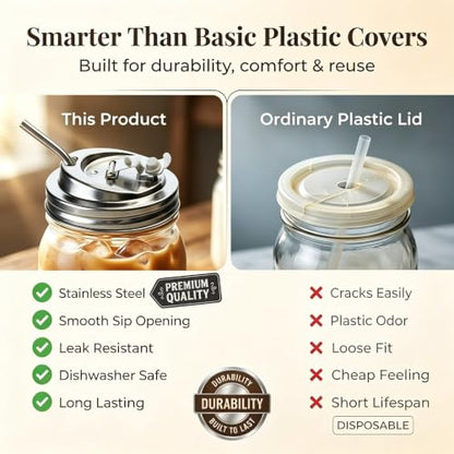 Metal Shaker Lids for Mason Jars, Reusable Stainless Steel Sip Lid for Wide Mouth Jars 16/24/32/64oz, Leak Proof Seal Flip Drink Covers for Iced Coffee, Smoothies & Cold Drinks, 2 Packs
