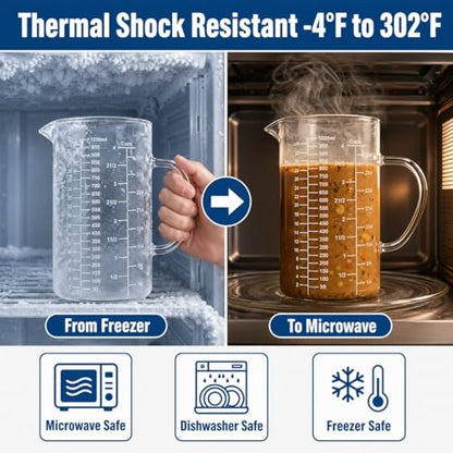 Borosilicate Glass Measuring Cup, 4-Cup Glass Measuring Cup with Spout, Microwave Safe, Dishwasher Safe, Easy Read Scale for Coffee Brewing, Baking, Cooking, Heating and Meal Prep. - size: 4cup/1000ml