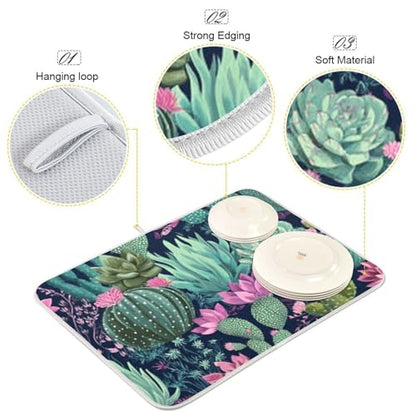 Kcldeci Succulent Plants Cactus Tropical Dish Drying Mat Kitchen Drying Pad Dish Draining Mat Dish Rack Drainer Pad 16 x 18 - color: Cactus, size: 16x18in