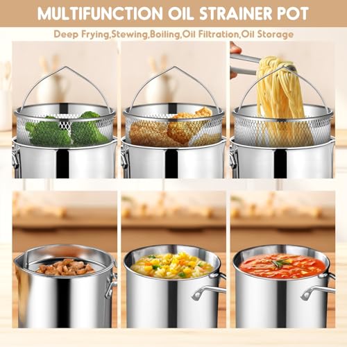 Chihee Grease Container Deep Fryer 2 in 1 Stainless Steel 2L / 67.6 fl oz | Bacon Grease Saver with Fine Mesh Strainer Fry Basket Oil Container Grease Can with Lid Tray for Kitchen Storing Frying - color: Silver(2L with Fryer Basket)