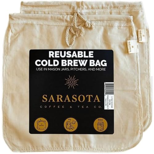 (2-Pack, Large 12in x 12in) Cold Brew Coffee Filter Bag for Mason Jar, Reusable, 100% Organic Cotton Cloth with Drawstrings, For Straining Coffee, Tea, Nuts, Milk, Cheese, 2 Pack