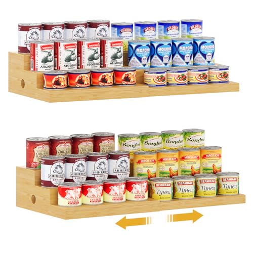2-Pack Expandable Bamboo Can Rack Organizer for Pantry Display, 3-Tier Adjustable Can Storage Holder, Soda & Canned Food Organizer for Cabinets & Countertops, Holds Up to 48 Cans (Patent Pending)