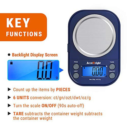 AccuWeight Digital Gram Scale with 300g/0.01g Small Pocket Coffee Scale with High Accuracy, Jewelry Scale with Tare and Calibration for Kitchen Food Scale