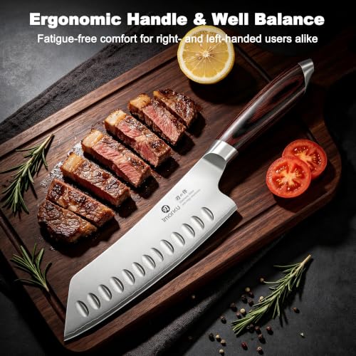 imarku Santoku Chef Knife 7 Inch, Ultra Sharp High Carbon Stainless Steel Japanese Kitchen Knife with Hollow Edge | Ergonomic Pakkawood Handle, Gift Box for Meat/Vegetables/Tomatoes & Daily Cooking - color: Arctic Silver