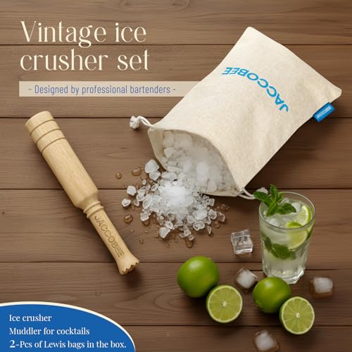JACCOBEE 3-in-1 Kitchen&Bar Tool Set 12.6" Wooden Mallet, Muddler for Cocktails/Sauerkraut Pounder for Mason Jars/Ice Crusher(with 2Pcs Canvas Lewis Ice Bag)