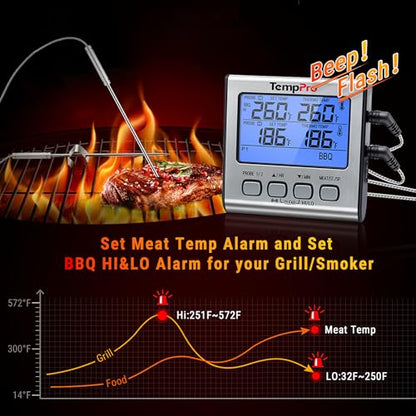 TempPro TP17 Dual Probe Digital Cooking Meat Thermometer Large LCD Backlight Food Grill Thermometer with Timer Mode for Smoker Kitchen Oven BBQ, Silver (Previously ThermoPro) - size: 2-probes