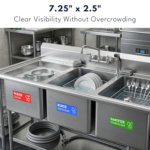 Wash Rinse Sanitize Sink Labels (12 Labels) - 3 Compartment Sink Labels | 2 Sets, 7.3 x 2.5 in - Wash Rinse Sanitize Stickers - Hand Washing Signs - Restaurants, Food Trucks & Commercial Kitchens - size: 7.3 x 2.5 inches