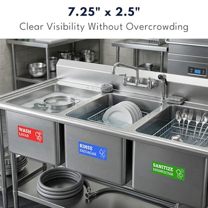 Wash Rinse Sanitize Sink Labels (12 Labels) - 3 Compartment Sink Labels | 2 Sets, 7.3 x 2.5 in - Wash Rinse Sanitize Stickers - Hand Washing Signs - Restaurants, Food Trucks & Commercial Kitchens - size: 7.3 x 2.5 inches