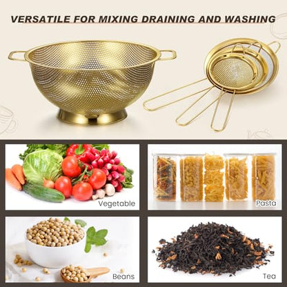 Norme 4 Quart Stainless Steel Gold Colander and 3 Pcs Gold Fine Mesh Strainer, Stainless Steel Pasta Rice Food Metal Strainer with Handles, Easy Clean and Dishwasher Safe - color: Gold, size: 4 Quart