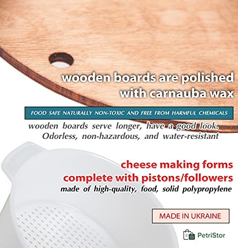 PetriStor Wooden Cheese Press for Cheese Making Supplies Diameter 11 in Metal Guides Walnut and 2 Cheese Mold with Follower Piston 1.3 Qt - Home Supply Ultimate Cheese Press - Prensa Para Queso