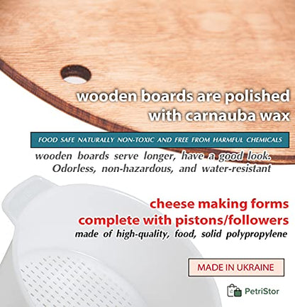 PetriStor Wooden Cheese Press for Cheese Making Supplies Diameter 11 in Metal Guides Walnut and 2 Cheese Mold with Follower Piston 1.3 Qt - Home Supply Ultimate Cheese Press - Prensa Para Queso