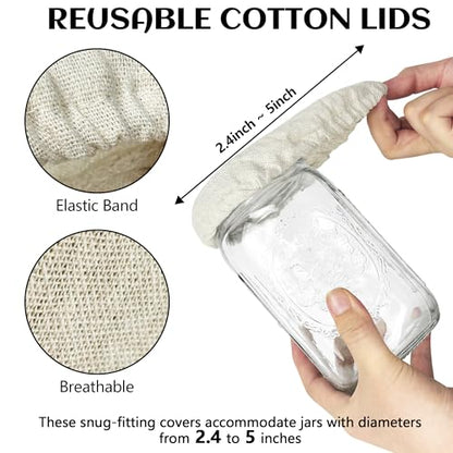Artcome 6-Pack Reusable Sourdough Jar Covers - Cotton Lids for Sourdough Starter, Kombucha, and Fermentation Jars, Organic Unbleached 100% Cotton Caps (Fits 2.4" - 5" Jar Mouths)