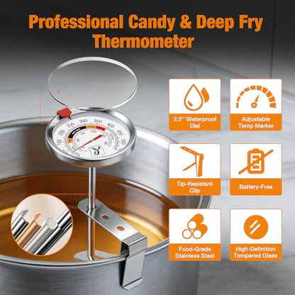 2-Pack Candy Thermometer with Pot Clip - Oil Thermometer for Frying, Upgraded 2.5" Waterproof Dial, Tip-Resistant Clip, Temp Marker & 8" Probe for Deep Frying & Candy Making