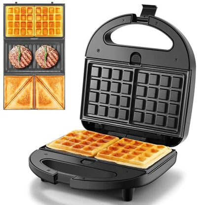 OSTBA 3-in-1 Sandwich Maker with Removable Plates, Panini Press, Waffle Maker, Non-Stick, 750W Compact Breakfast Grill for Sandwiches, Waffles, Steak, Black - style: ABS06