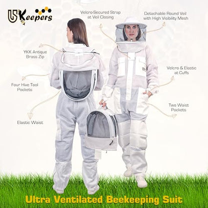 3-Layer Ultra Ventilated Sting Proof Bee Suit for Men & Women – Premium Beekeeping Suit with Bee Gloves & Two Detachable Beekeeping Veils (White S) - color: White, size: Small
