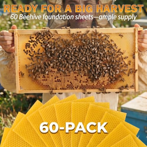 60pcs Natural Beeswax Coated Deep Foundation Sheets, Beeswax Sheets, Beeswax Coated Deep Foundation, Bee Foundation Sheets for Beehive Frames, Beeswax Foundation Sheets for Candle Making
