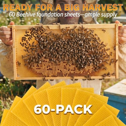 60pcs Natural Beeswax Coated Deep Foundation Sheets, Beeswax Sheets, Beeswax Coated Deep Foundation, Bee Foundation Sheets for Beehive Frames, Beeswax Foundation Sheets for Candle Making