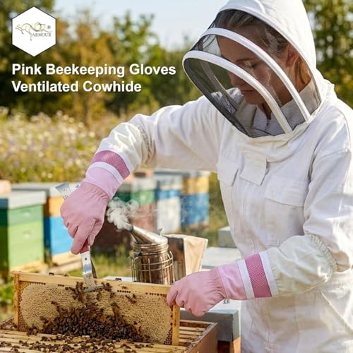 Pink Beekeeping Gloves - Cowhide Ventilated Beekeeper Gloves with Long Sleeve & Elastic Cuff - size: X-Large