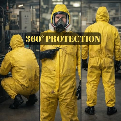 Yellow Hazmat Suit Coveralls for Men and Women, Heavy Duty Full Body Paint Suit with Premium Gloves and Shoe Covers - size: Large