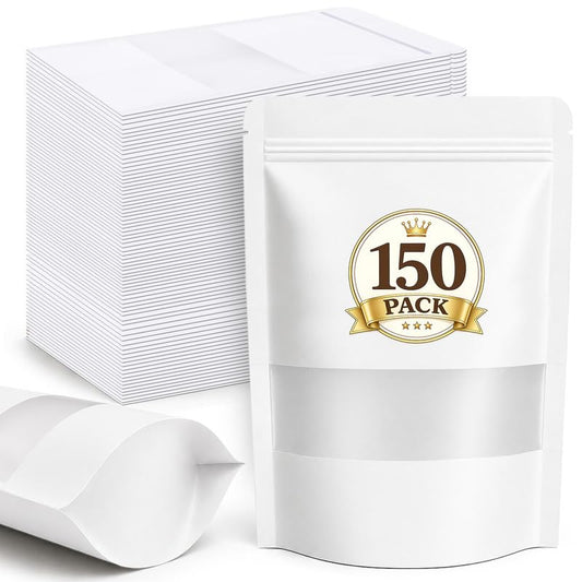 JETMORE 150 Pack Snack Bags, Resealable Bags for Small Business, Cookie Packaging, Goodie Bags with Window, Sealable Bags for Packaging Bath Salts, Jerky, Tea, Snacks, Party Favors (White, 5.5x7.9in) - color: White, size: 150 Pack 5.5x7.9in (14x20cm)