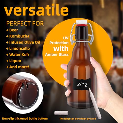 4Pcs Amber Beer Bottles with Flip Caps, 12oz Glass Bottle with Swinging Top for Airtight Lids, Home Brewing and Fermentation Kombucha, Vanilla Extract, Beverage, Water, Kefir