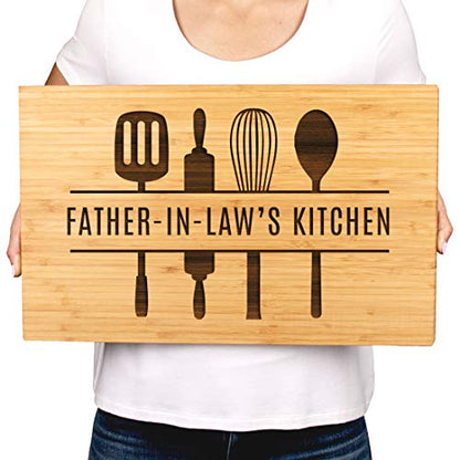 Andaz Press Large Bamboo Wood Cutting Board Gift, 17.75 x 11-inch, Father-In-Law's Kitchen, Utensils Graphic, 1-Pack, Laser Engraved Serving Chopping Board Christmas Birthday Chef Kitchen Ideas - color: Father-In-Law