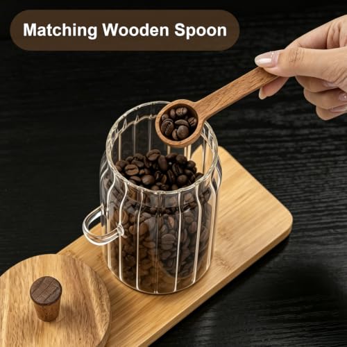 Glass Jar with Wooden Lid and Spoon, 20oz Coffee Container, Airtight Food Storage Container for Coffee Beans Cereal Nuts Salts Sugar Loose Leaf Tea Cookie Pasta