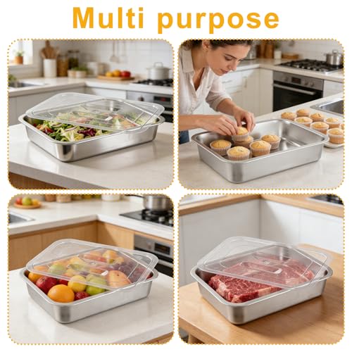 2 Pcs Pizza Dough Proofing Box -14.1x10.6 Inch Stainless Steel Pizza Dough Trays with Clear Lid, Household Pizza Bread Proofing Storage Container, Fits 4-6 Dough Balls